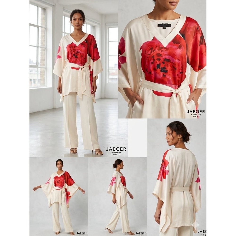 Jaeger London Women's 100% Silk Satin Floral Kimono Blouse V-Neck Tie Belt S/M